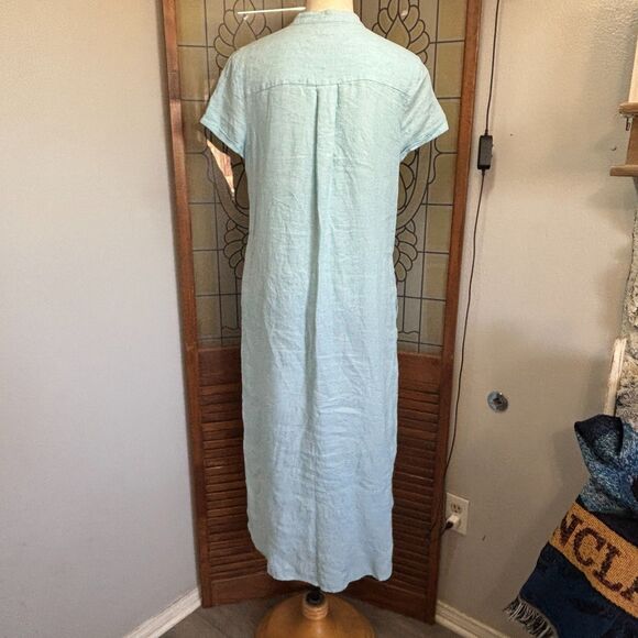 Pure Navy Linen Teal Button Down Midi Shirt Dress Pockets Beachy Coastal Size S - Picture 4 of 14